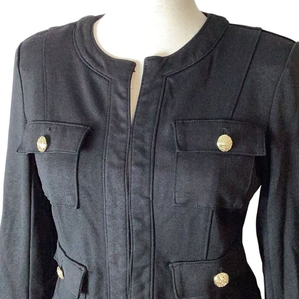 Carmen Marc Valvo Black Military Jacket Gold Buttons M Ponte Knit - Picture 4 of 10